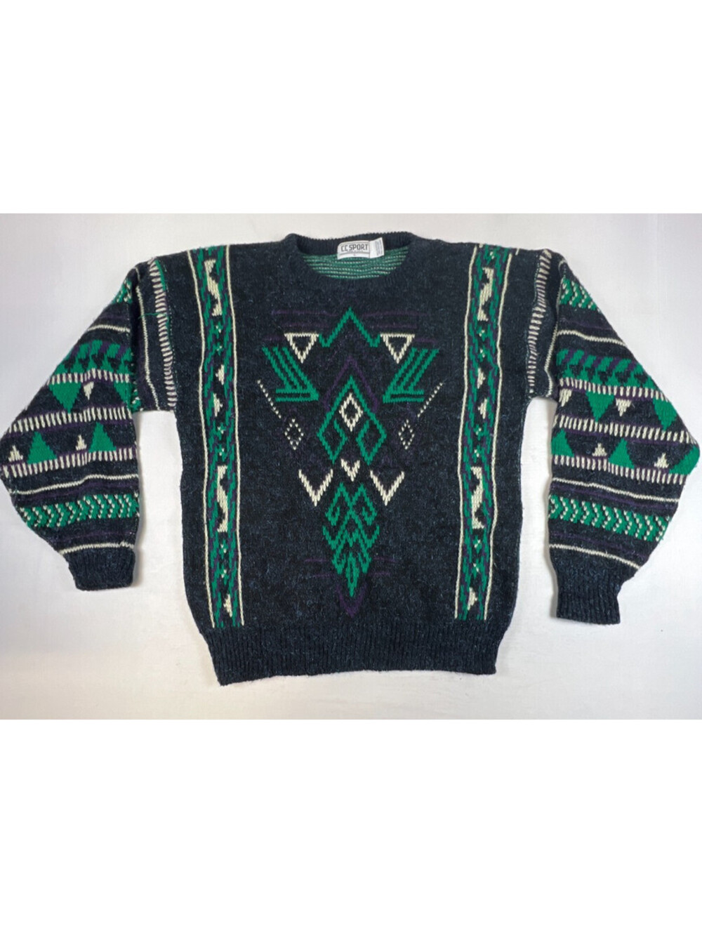 Vintage CC Sport Men L Charcoal Geometric Aztec Knit Pullover Sweater USA Made